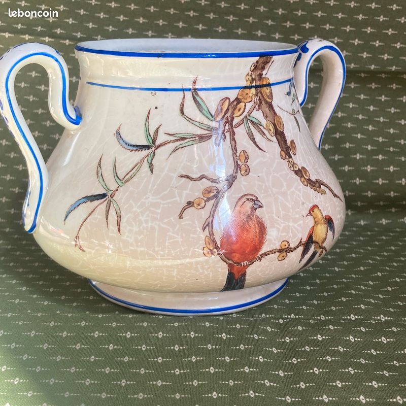 Ancien sucrier Service Nella Vieillard oiseau polychrome fleurs, pot ravissant (image 3)