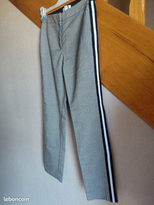 Pantalon Jennyfer Taille 34 Gris Chiné Tailleur Cigarette Slim Bandes Noires Habillé (image 8)