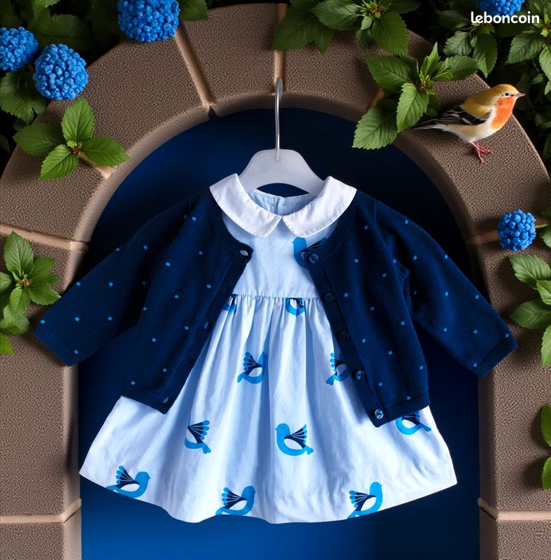 Jacadi - ensemble 3p bébé fille - robe, culotte & gilet motif tourterelles 6m (image 4)