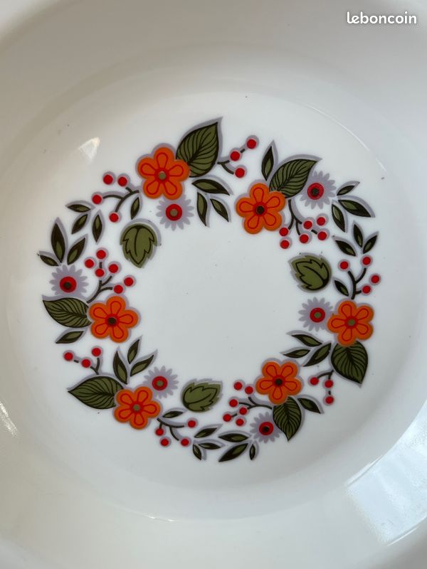 Lot De 7 Assiettes Creuses Arcopal Vintage Années 70 - Motif Fleurs Orange - Diamètre 21.5 Cm