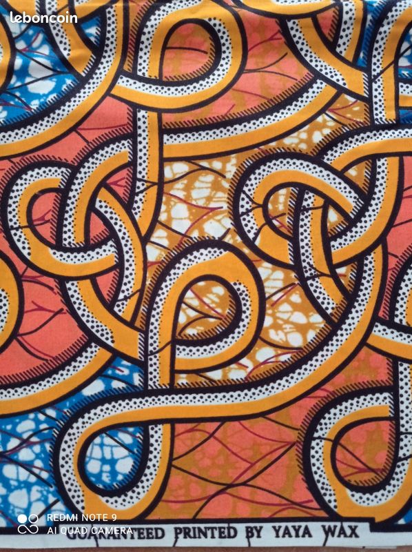 Couture patchwork Tissu wax 3m98 x 1m13 orange, bleu avec des dessins de boucles (image 2)