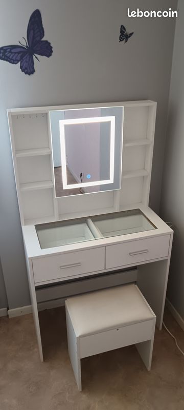 Coiffeuse blanche avec tabouret et miroir LED (image 1)