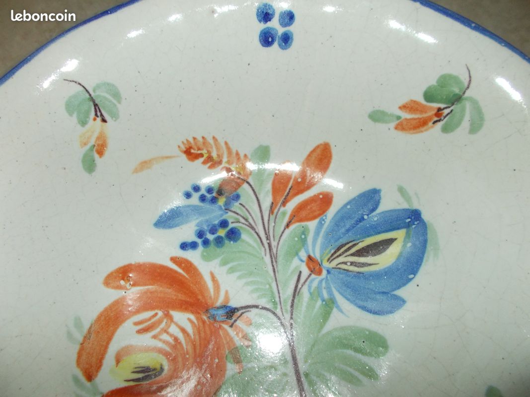 Ancien grand saladier faience decor main xix eme vintage cuisine restaurant decoration (image 3)