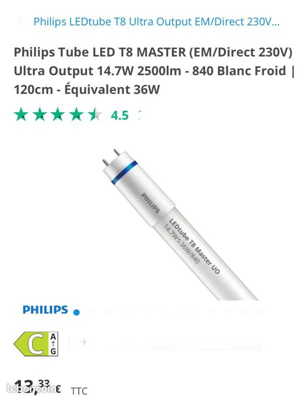 Philips Tube LED T8 MASTER Value  EM/Direct 230V  High Output 14W 2100lm 840 Blanc Froid 120cm Equivalent 36w 86597337