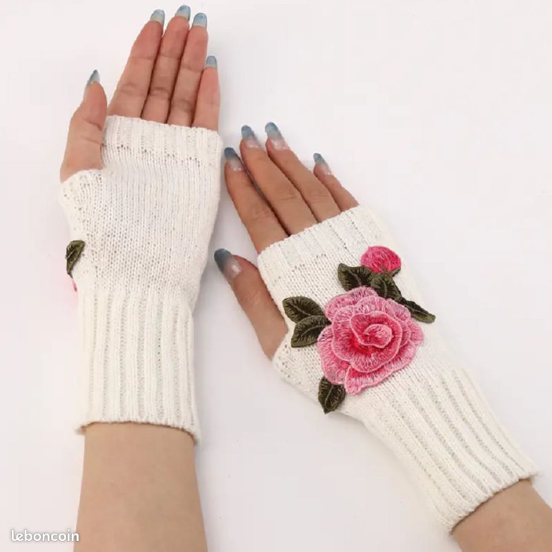 PROMO - Mitaines en laine Blanc cassé - Fleur Rose (image 2)