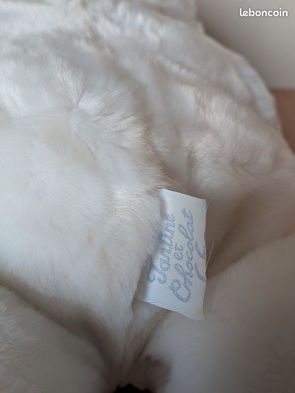 KB / DOUDOU PELUCHE VINTAGE OURS BLANC BLEU RAYE COL DENTELLE 24 CM TBE