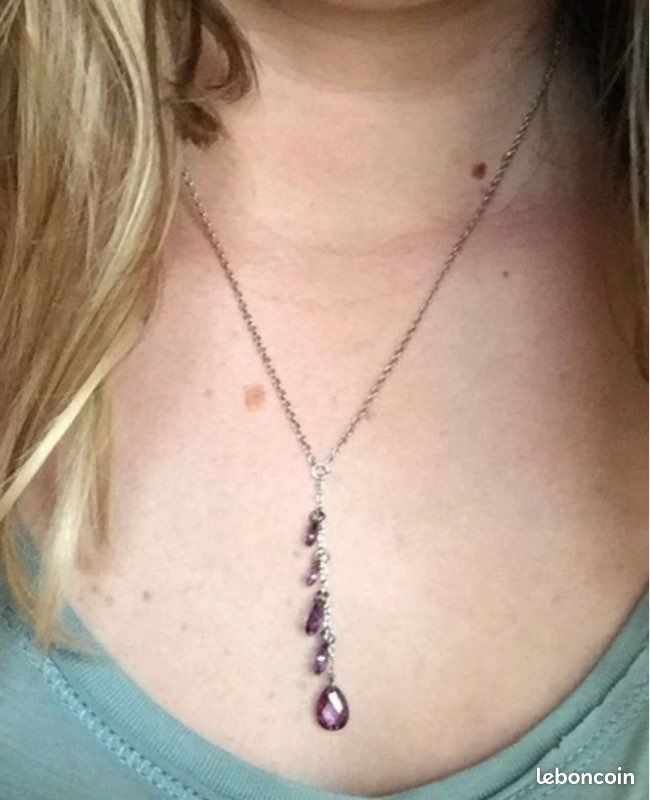 Collier Cœurs Avec Pierres Violettes En Aventurine, Argent Massif, Occasion
