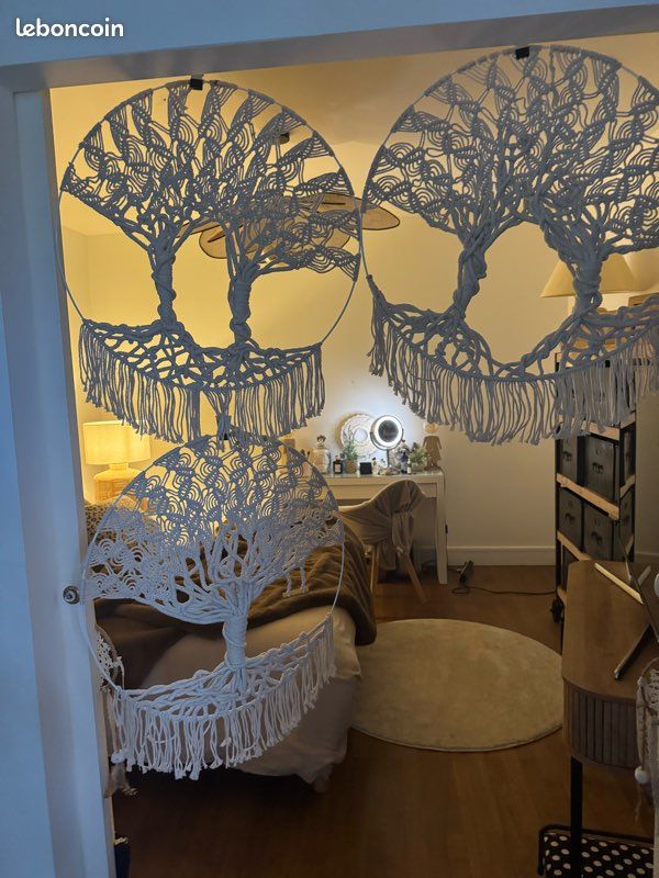 Arbre De Vie Mural En Macramé - Blanc, Coton, Fait Main En France - 35x35 Cm