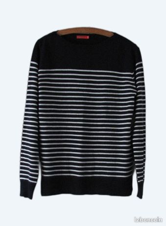 Pull Rayé Laine Tissaïa - Taille 38/40, Grenat & Bleu Marine, Occasion Très Bon état