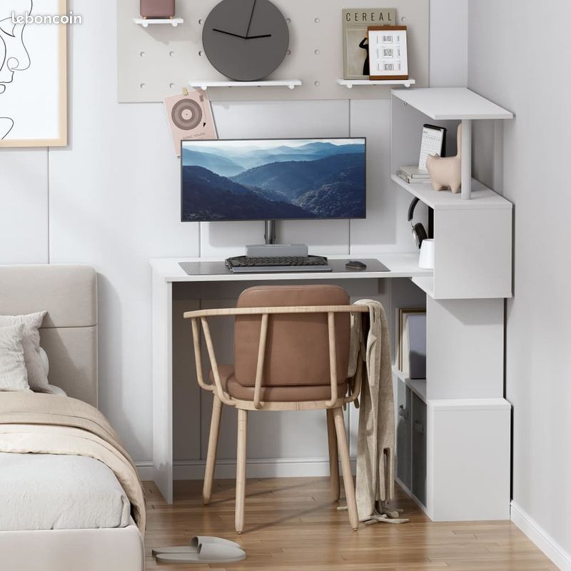 Bureau Blanc Angle Bois avec Méthode Placement + Rangements + Place Ordinateur Informatique + Étagères Quatre Niveaux Chambre Bureau Salon (image 3)
