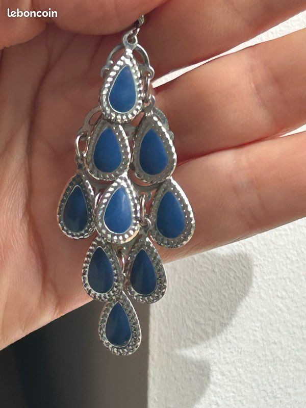 Boucles D'oreilles Pendantes Gouttelettes - Verre Bleu Roi Et Acier Inoxydable - Crochets