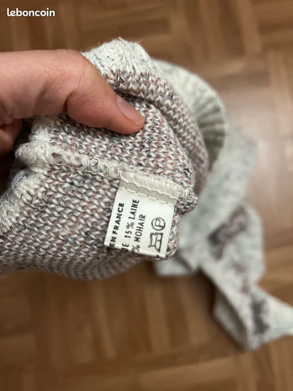 Pull En Mohair JUBYLEE - Gris Avec Perles Blanches - Taille 36/38/40 - Col Montant - Occasion Très Bon état