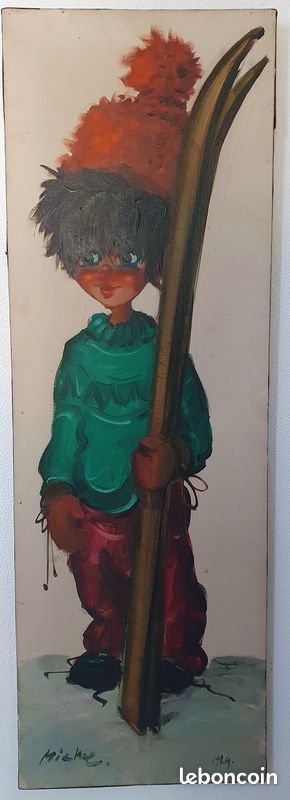 Michel THOMAS Poulbot au ski 1964 HUILE sur TOILE gamin gavroche de PARIS (image 2)