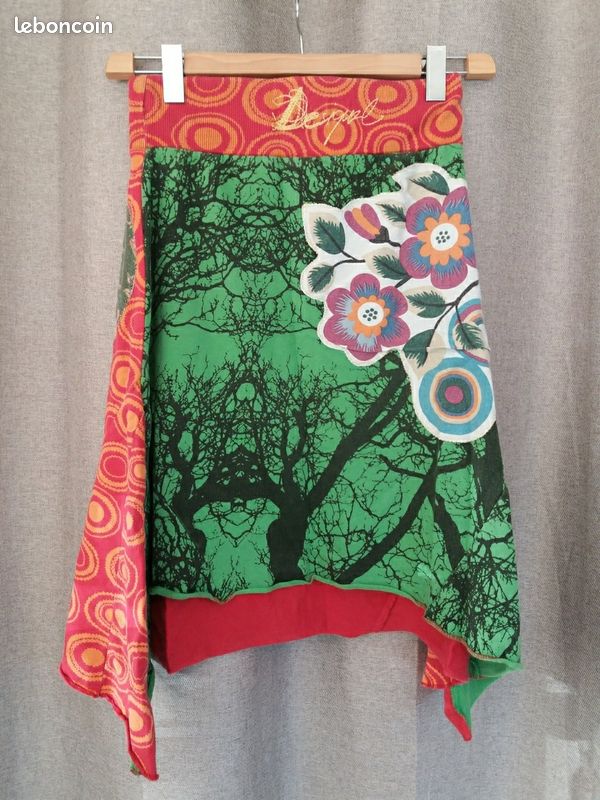 Jupe Femme Desigual Taille L - Verte, Ligne A, Broderie Géométrique - Bohème