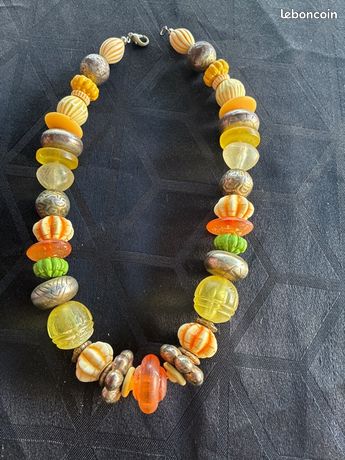 Collier Ras Du Cou Perles Résine Ambre - Couleurs Orange, Jaune, Noir, Vintage, Impeccable