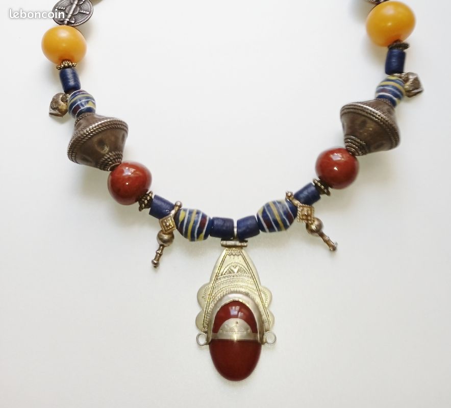Collier Ethnique Vintage Cuir Marron & Ivoire - Bijou Ancien Modèle 615