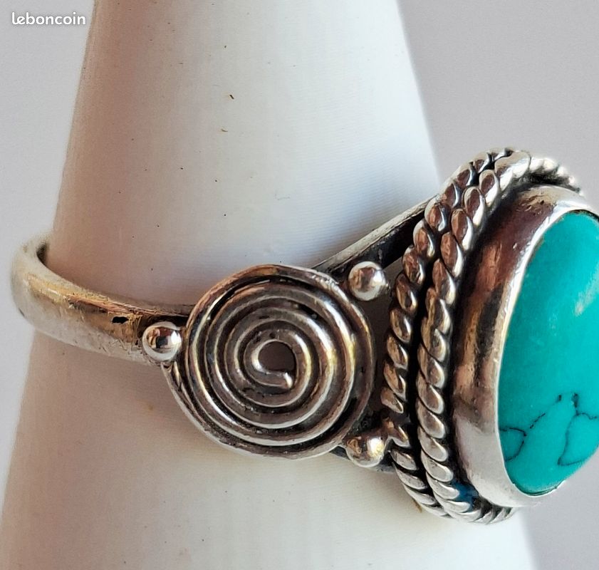 Bague vintage argent massif 925 avec pierre turquoise Motif spirale Shabby Chic Bohème (image 6)