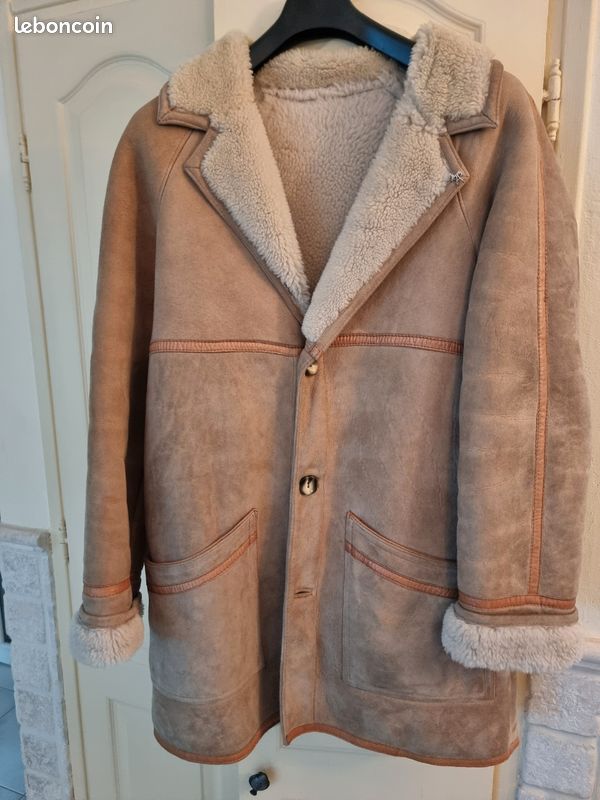 Manteau Vintage En Mouton Retourné - Taille 40/42, Couleur Beige - Occasion Très Bon état