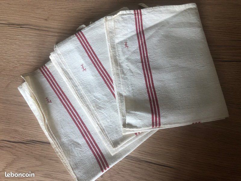 LOT DE 6 torchons anciens en coton rayures, tissu basque-linge de maison vintage EUR 20,00 - FR