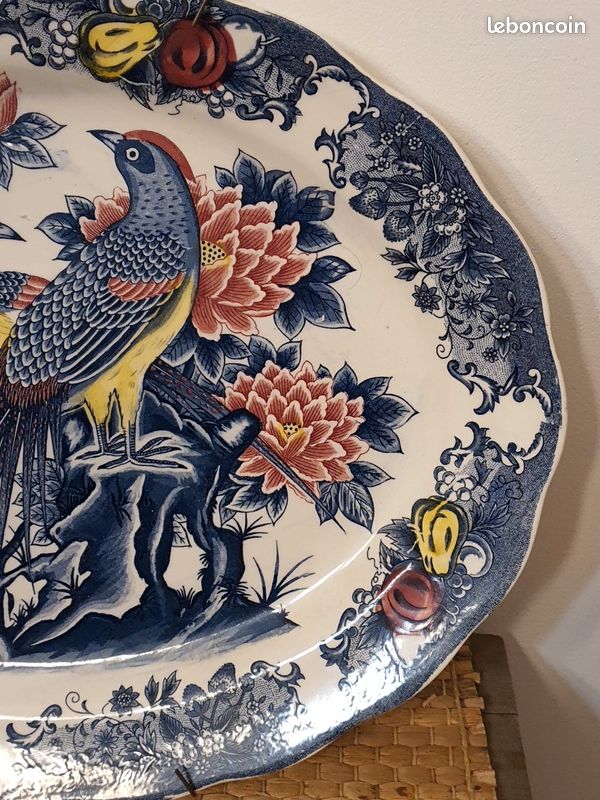Grand plat ovale de service vintage - Décor oiseaux et fleurs - 47 cm (image 9)