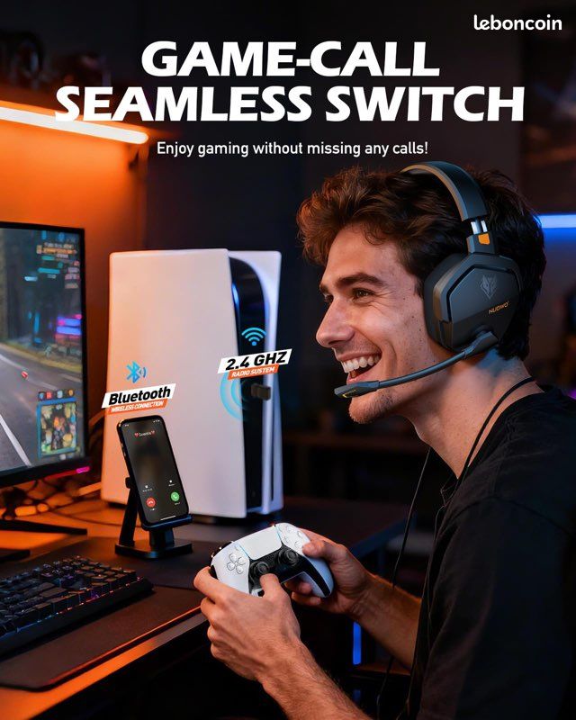 Casque Gaming Bluetooth Sans Fil 2,4GHz Avec Micro - Compatible PS5, PS4, PC
