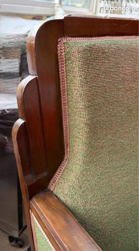 Fauteuil Art Déco ancien – bois et tissu vert – bon état (image 3)