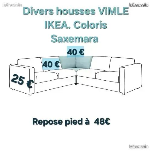 Divers Housses NEUVES VIMLE IKEA SAXEMARA pour canapé et angle. Indisponible chez IKEA. Coloris bleu vert. * Module Angle. * Module 1 place *Accoudoir large * Repose Pieds. A partir de 25 euros (image 1)