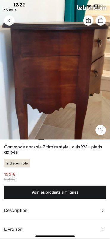 Commode console 2 tiroirs style Louis XV - pieds galbés (image 2)