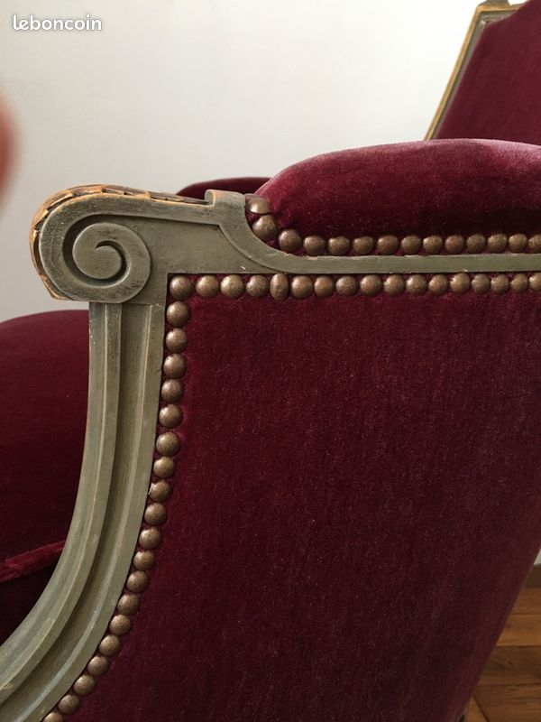 Paire fauteuils anciens patinés dorés 2 bergères Louis XVI tissu velours laine bordeaux Lelièvre (image 4)