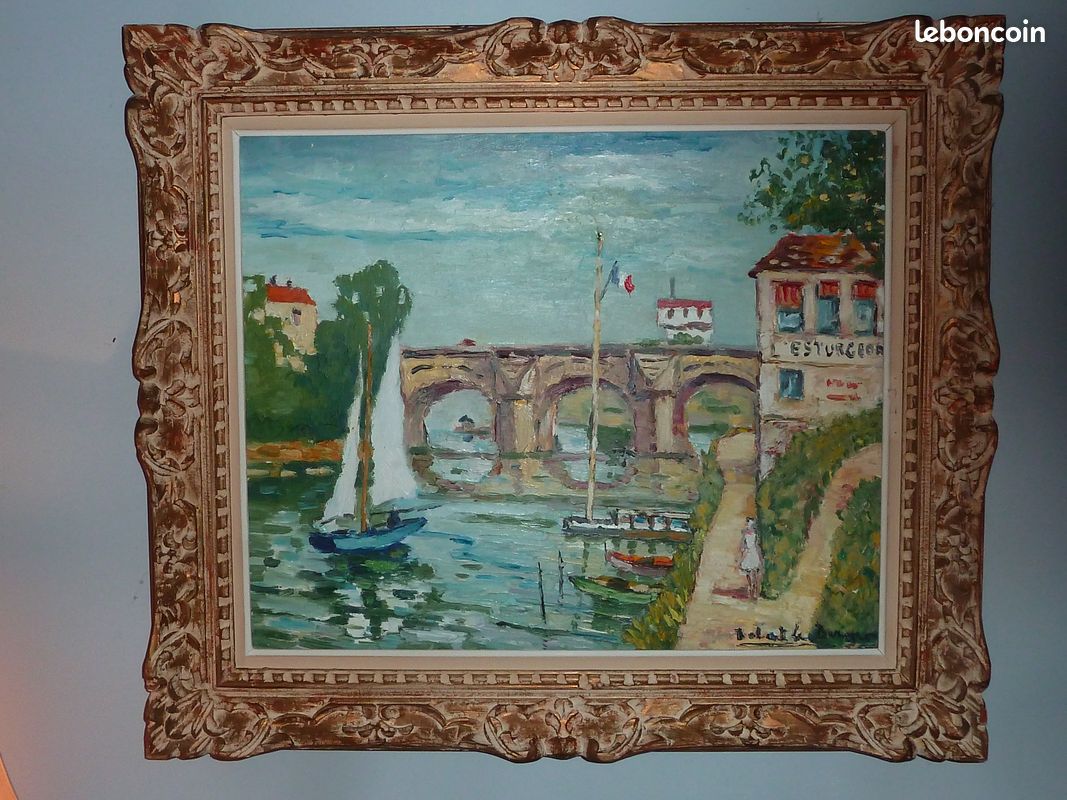 Huile sur toile : le pont de Poissy sur la Seine (image 3)