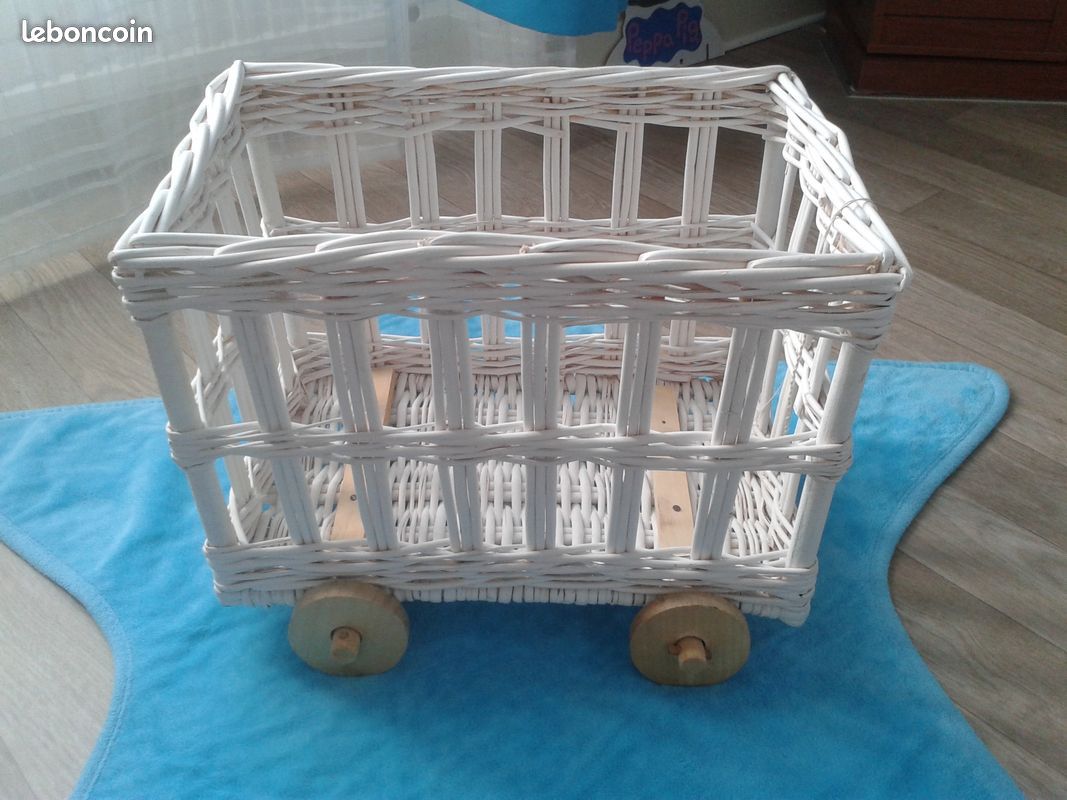 Jlv : Chariot sur Roulettes Bois en Rotin Blanc et Tissu (image 5)
