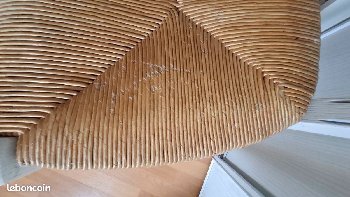 Lot de 4 chaises en bois, assise paillée, blanc/ liseré ciel (image 7)