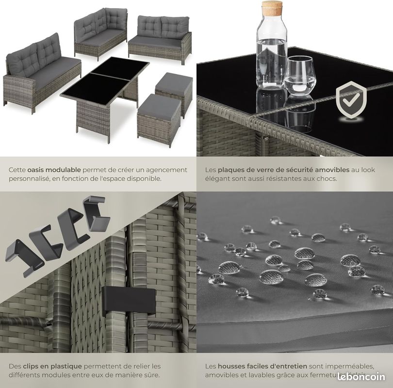 Salon de Jardin Modulable Gris - 1 Canapé de Jardin Exterieur Angle - Table Jardin - 2 Tabourets - Balcon Terrasse (image 4)