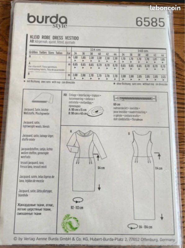 Patron couture Burda 6585, T 34 à 44, robe longue sans manche ou courte avec manches (image 2)