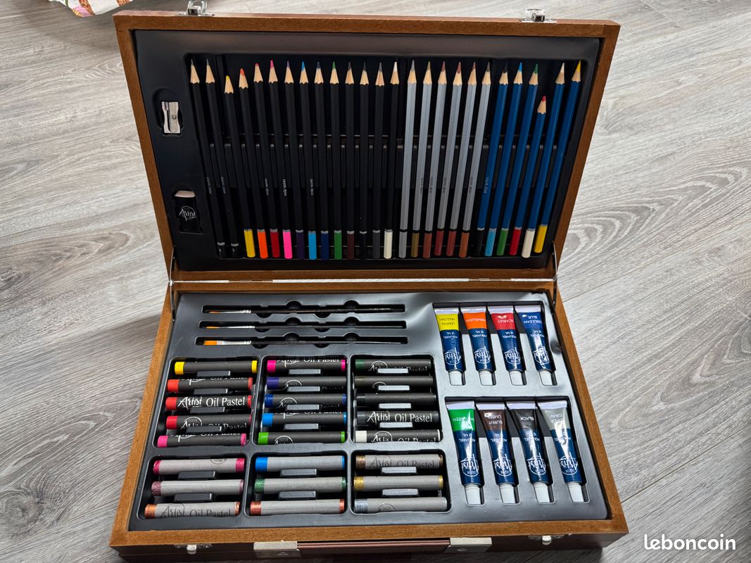 🎨 Coffret d'Art Complet en Malette Bois — Crayons, Pastels, Aquarelle + Carnet A3 Offert ✨ (image 1)