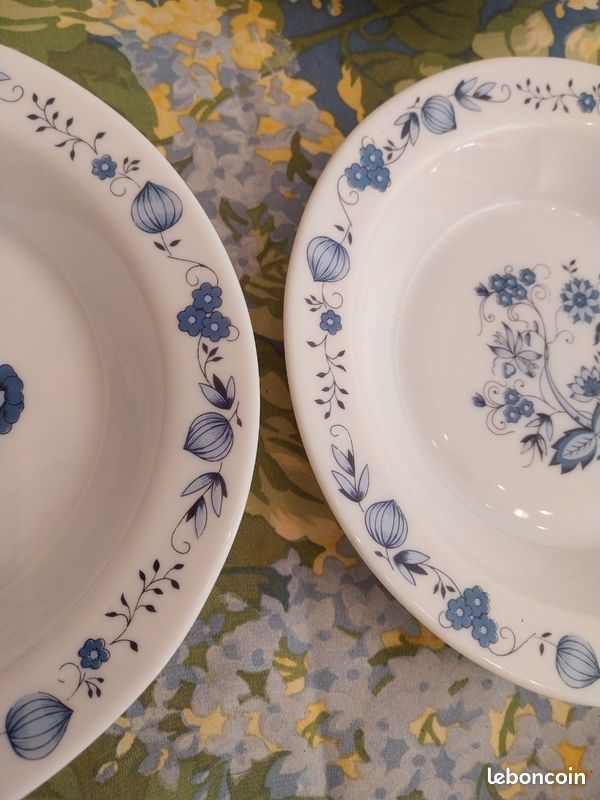 Lot 5 Assiettes Creuses Arcopal Vintage – Motif Oignons Bleus – France 1980