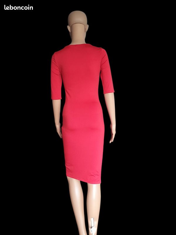 Robe Moulante Rouge à Zip – Robe Midi Fourreau Sexy et Extensible T36 (image 3)