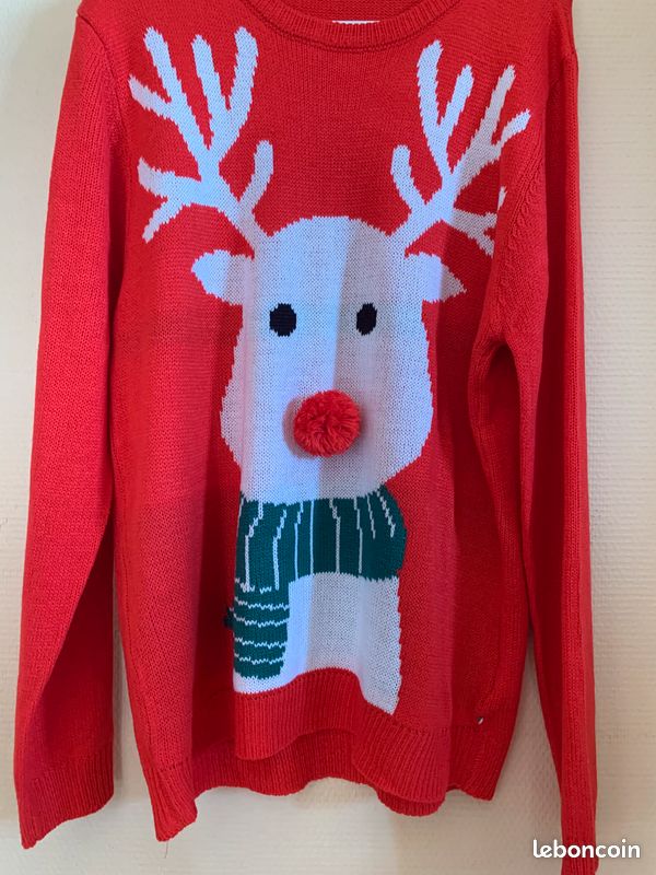 🎅 Pull de Noël rouge – Renne avec nez pompon 🎁 Vêtements