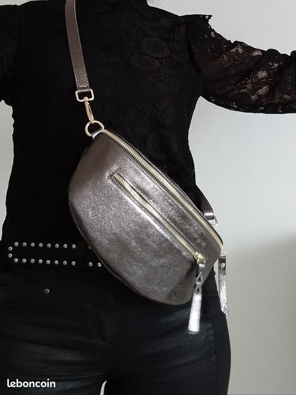 Sac banane cuir gris et porte cartes assorti neuf (image 2)