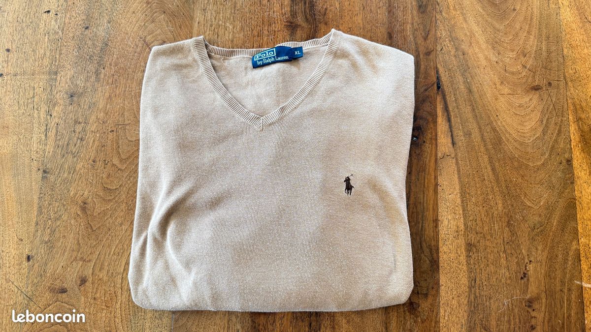 Pull col V en pima coton Homme Polo Ralph Lauren Vert beige XL