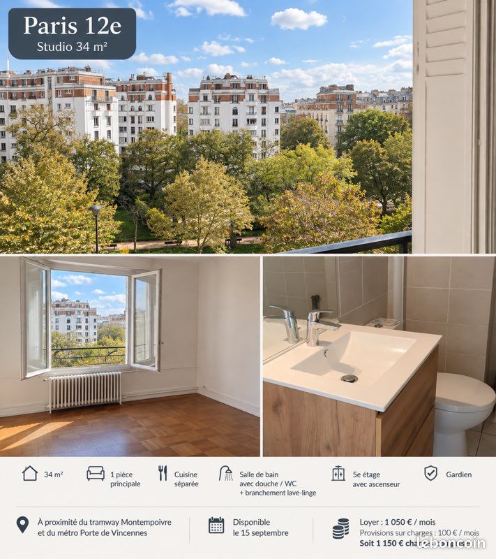 Appartement 3 pièces 34 m² · à Paris · 34 m² · 1 150 €/mois