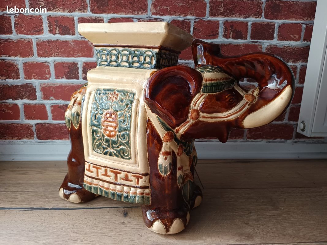 Grand éléphant céramique porte plante guéridon support bohème colonial exotique indien (image 4)