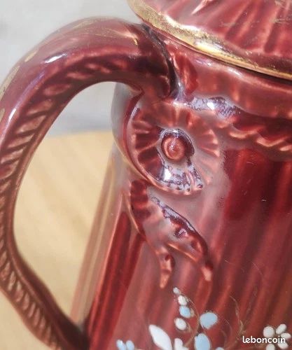 Ancien Rare Cafetière Rouge A Couvercle Barbotine Fleurs Émaillée KG LUNÉVILLE (image 18)