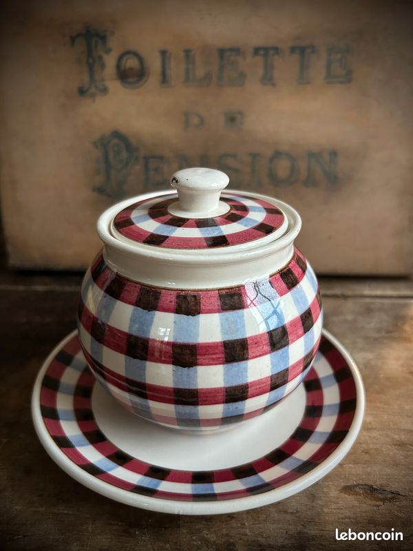 Pot couvert sucrier et presentoir Villeroy Boch Mettlach Sarre vichy peint main 8202 (image 13)