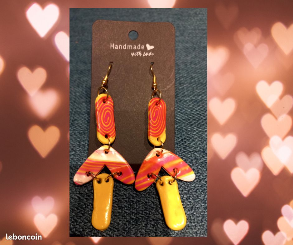 Boucles D'Oreilles Coeur En Fimo Orange - Dormeuses Acier Inoxydable - NEUVES