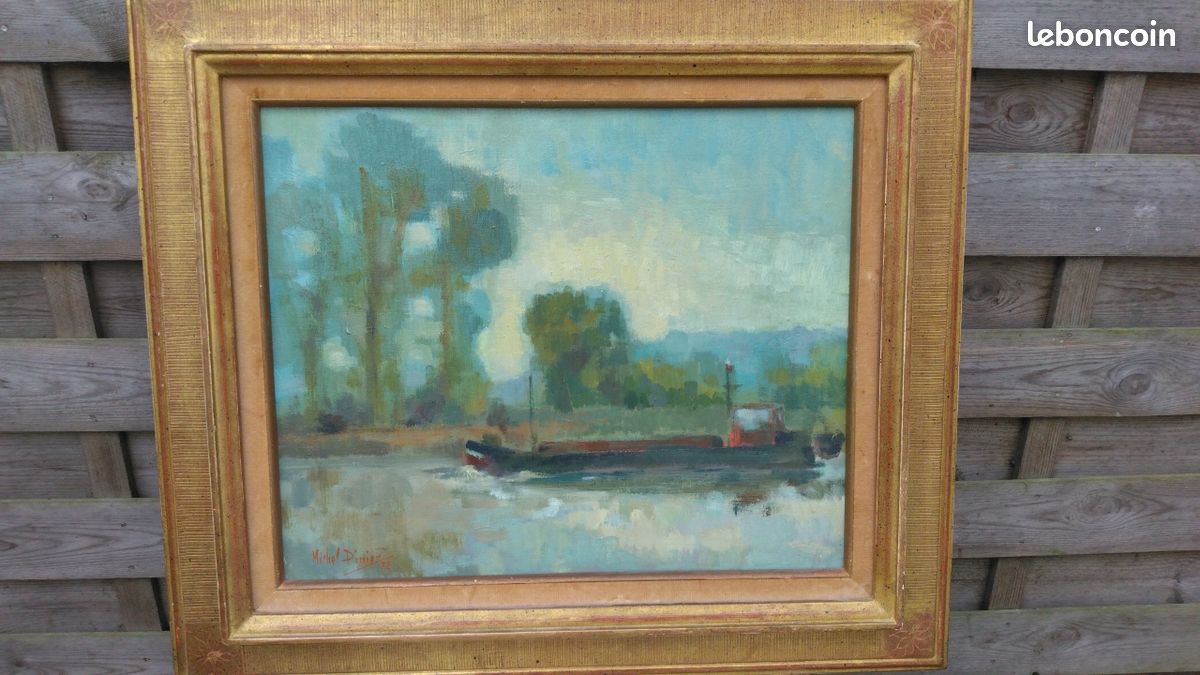 Tableau Encadré Peinture Huile/acrylique, Péniche Spritsail Sur Tamise, Signé JH, Vintage
