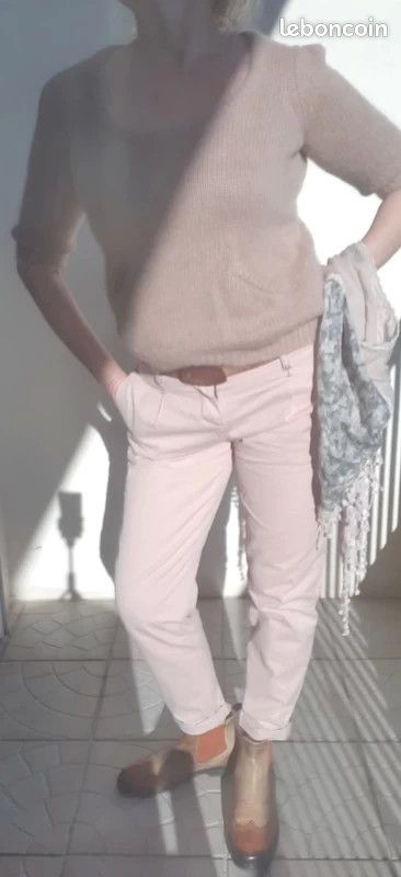Pull en maille Angora & cachemire & laine couleur beige & rose - Taille M (image 19)