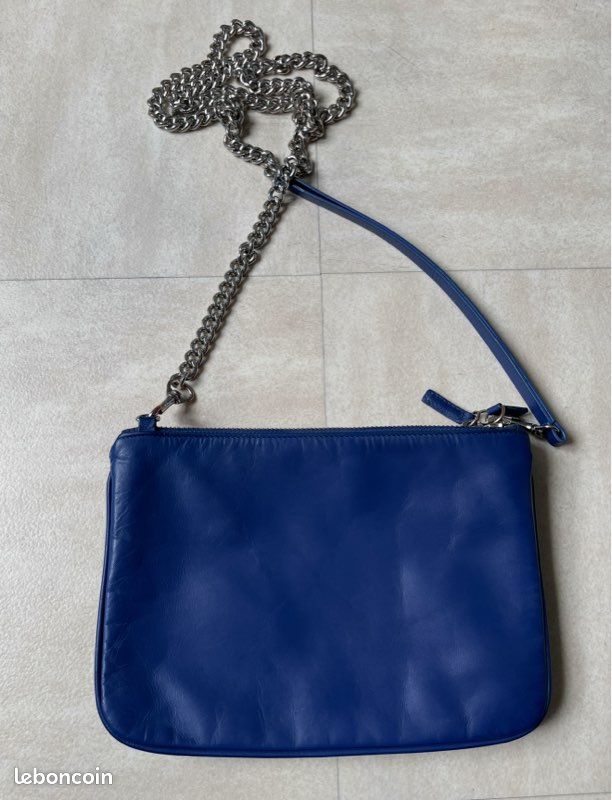 Double Sac En Cuir Matelassé Bleu Orage/gris Avec Chaînes - Pochette + Petit Sac - Sans Marque - Neuf Sans étiquette