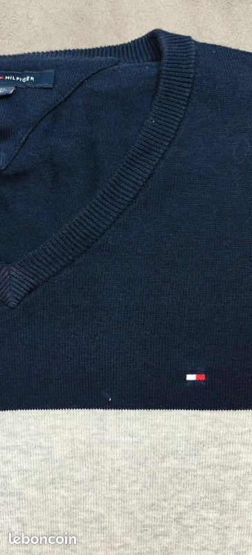 Sweat Tommy Hilfiger [L] 100% coton col V logo brodé homme pull marine (image 5)