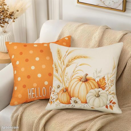 Lot De 4 Housses De Coussin 40x40cm Motif Citrouilles D'automne - Lin, Lavable, Fermeture Invisible, Déco Salon/chambre